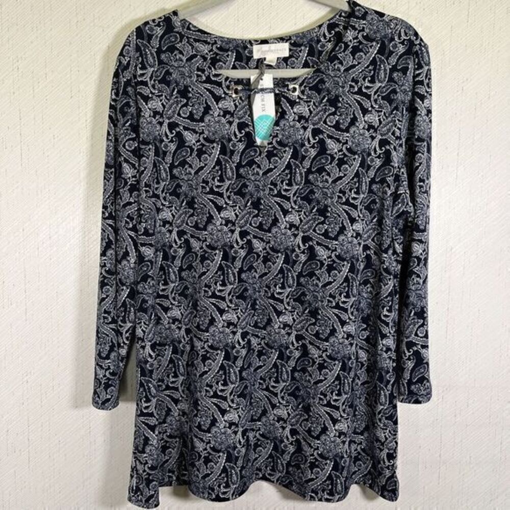 Magnolia Grace Women Top XL Navy Paisley Blouse 3/4 Sleeve Round Neck Key Hole